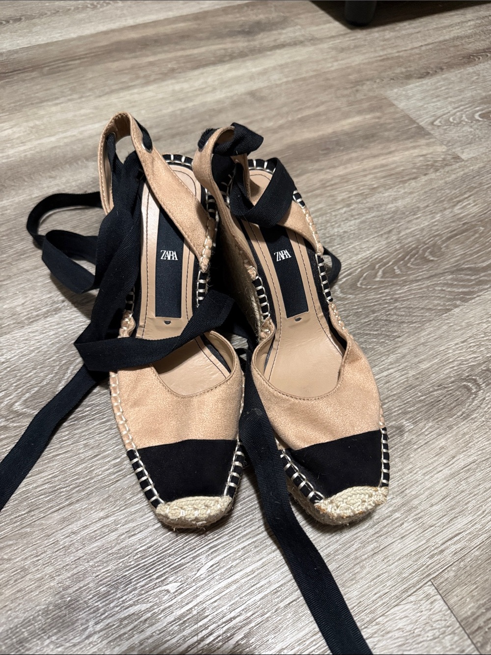 Zara Black and Tan Espadrille Tie-Ankle Sandals